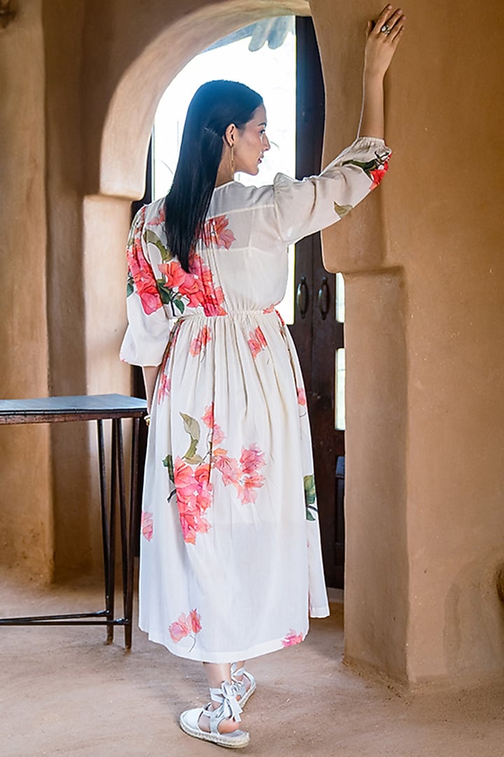 Off-White Mul Printed & Hand Embroidered Summer Dress by Raiman at Pernia's Pop Up Shop