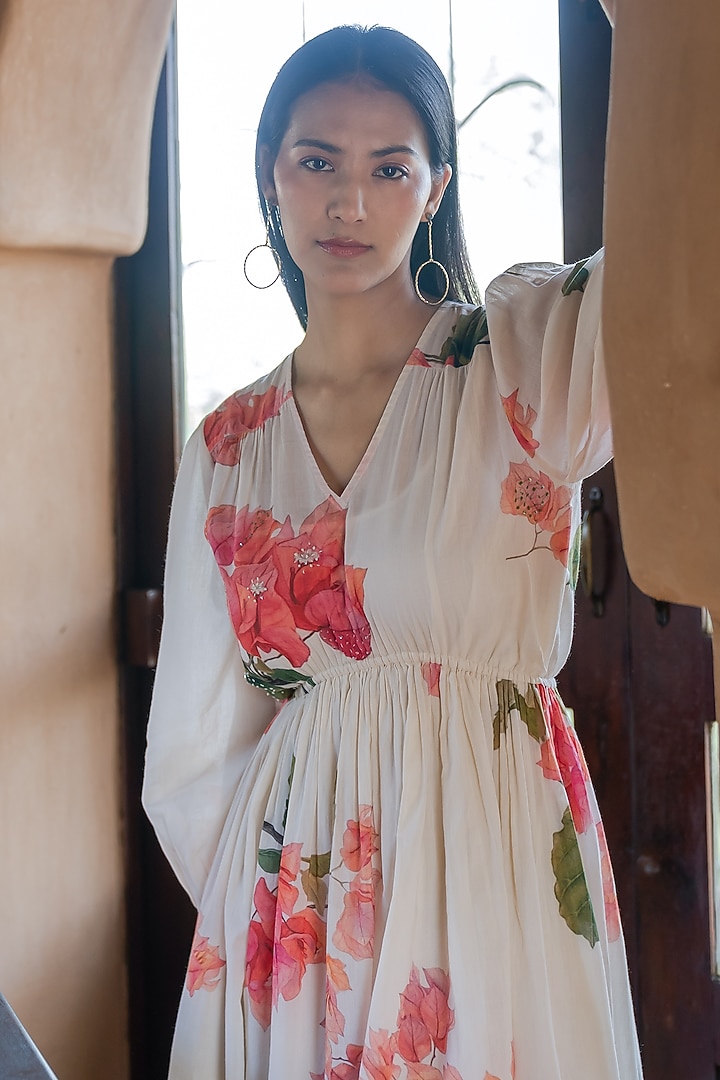 Off-White Mul Printed & Hand Embroidered Summer Dress by Raiman at Pernia's Pop Up Shop