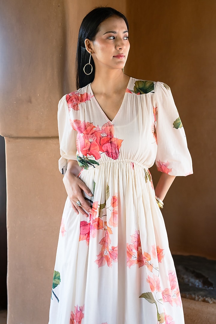 Off-White Mul Printed & Hand Embroidered Summer Dress by Raiman at Pernia's Pop Up Shop