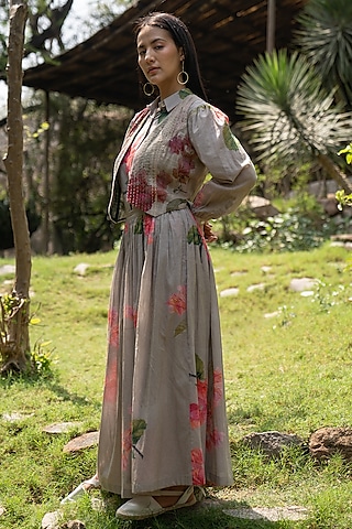 Sage Grey Soft Mul Cotton Floral Hand Painted Dress by Raiman