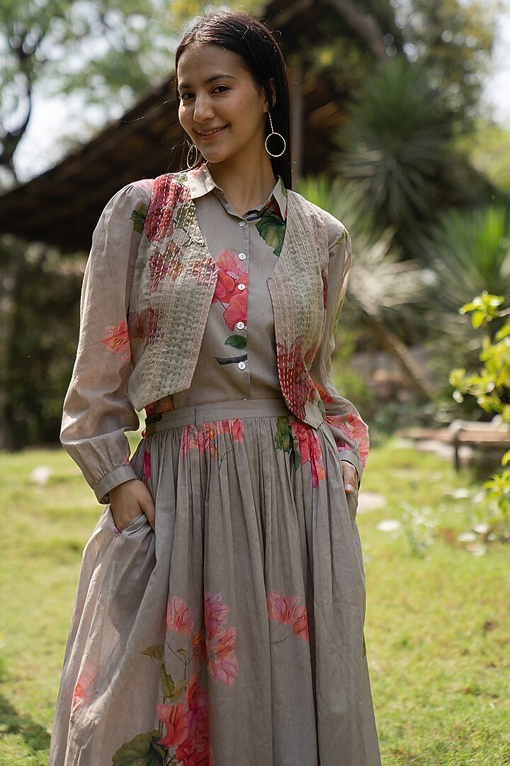 Sage Grey Soft Mul Cotton Floral Hand Painted Summer Dress by Raiman at Pernia's Pop Up Shop