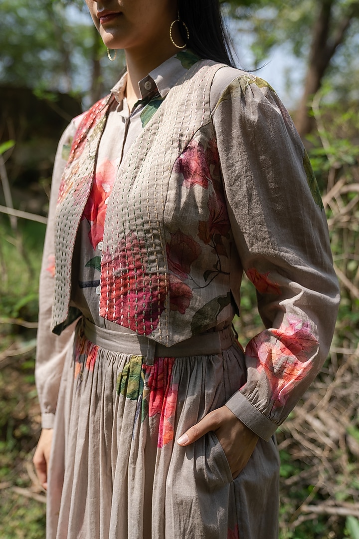 Sage Grey Soft Mul Cotton Floral Hand Painted Summer Dress by Raiman at Pernia's Pop Up Shop