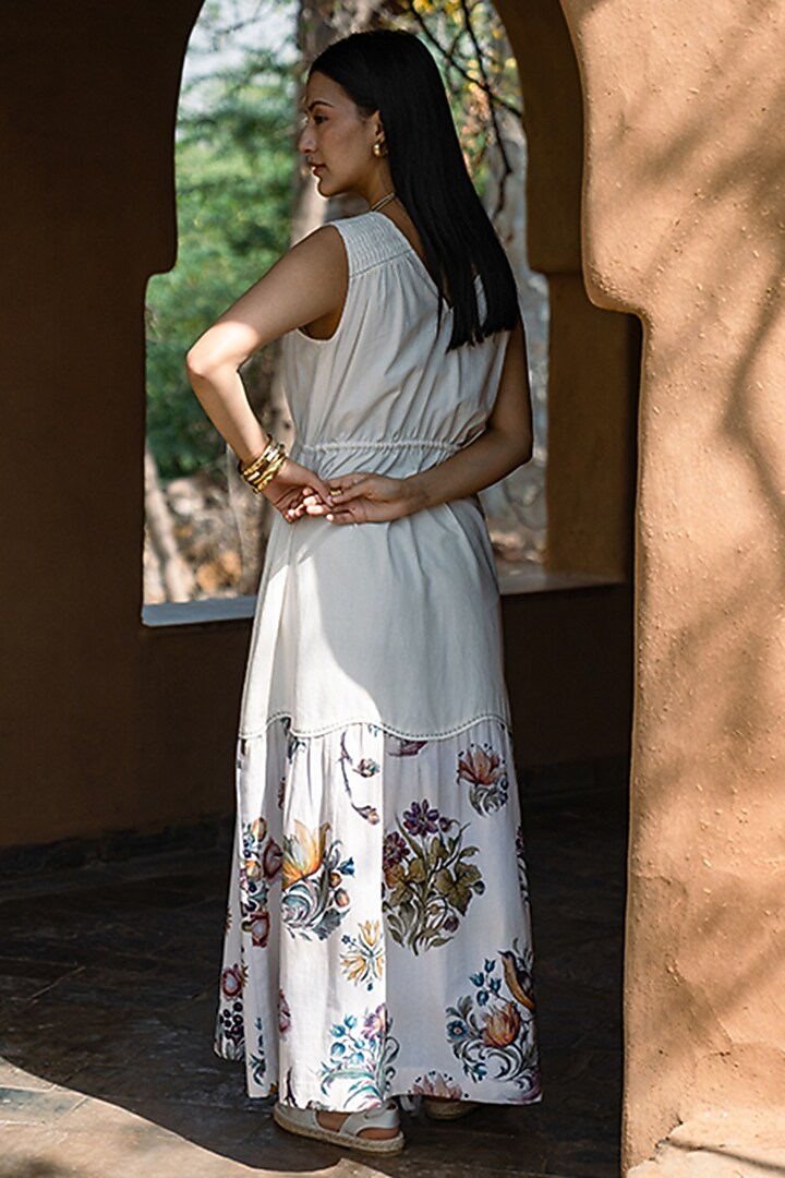 Off-White Textured Cotton Hand Work Maxi Summer Dress by Raiman at Pernia's Pop Up Shop