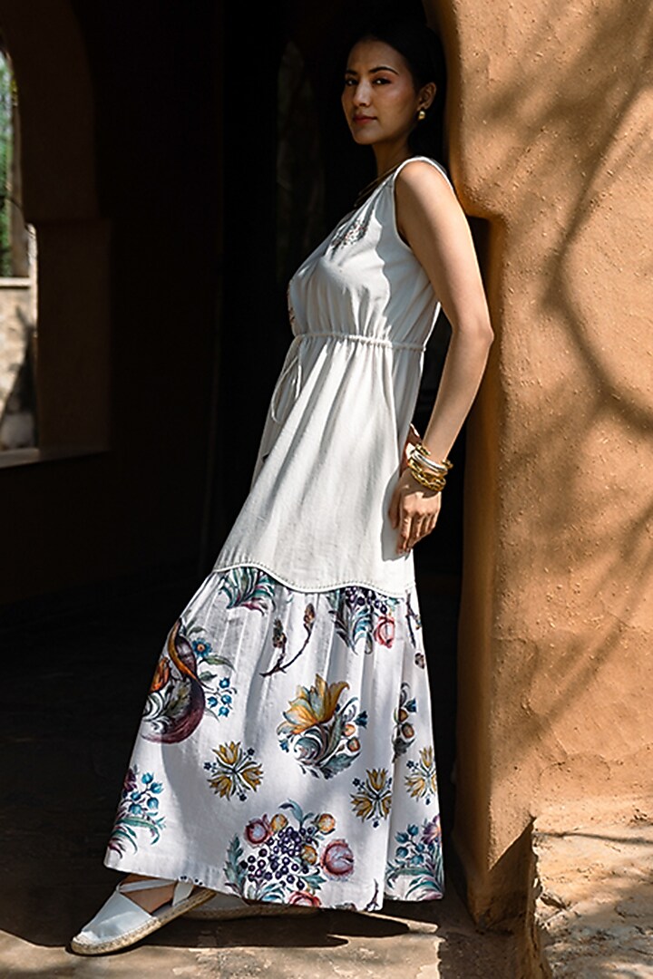 Off-White Textured Cotton Hand Work Maxi Summer Dress by Raiman at Pernia's Pop Up Shop