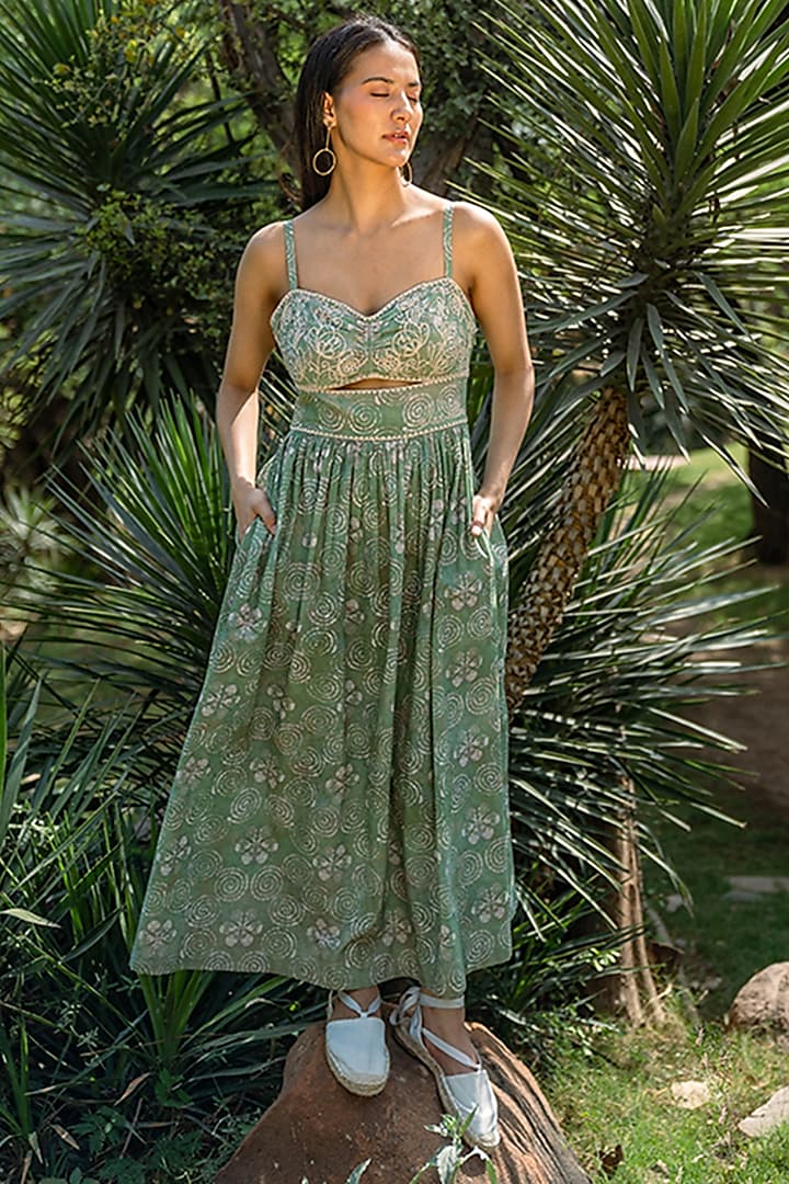 Green Cotton Printed & Hand Embroidered Maxi Dress by Raiman at Pernia's Pop Up Shop