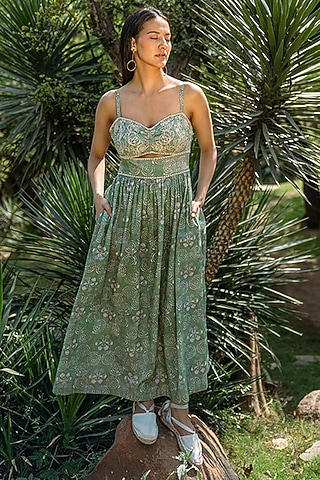 Green Cotton Printed & Hand Embroidered Maxi Dress by Raiman