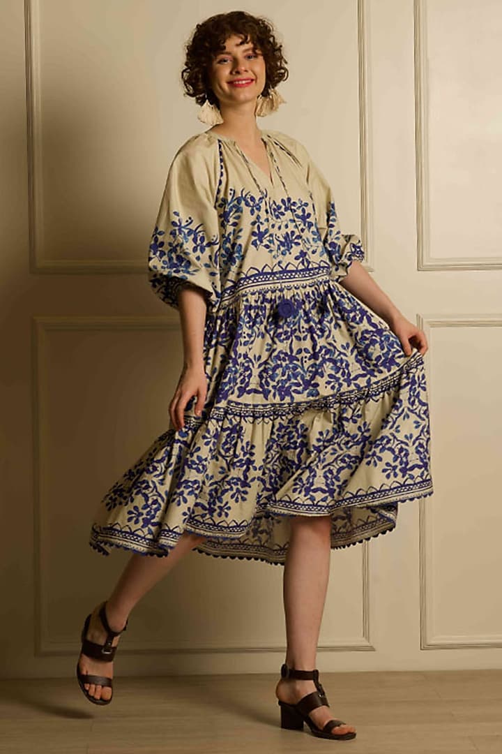 Ivory Cotton Printed Tiered Dress by RAIMAN