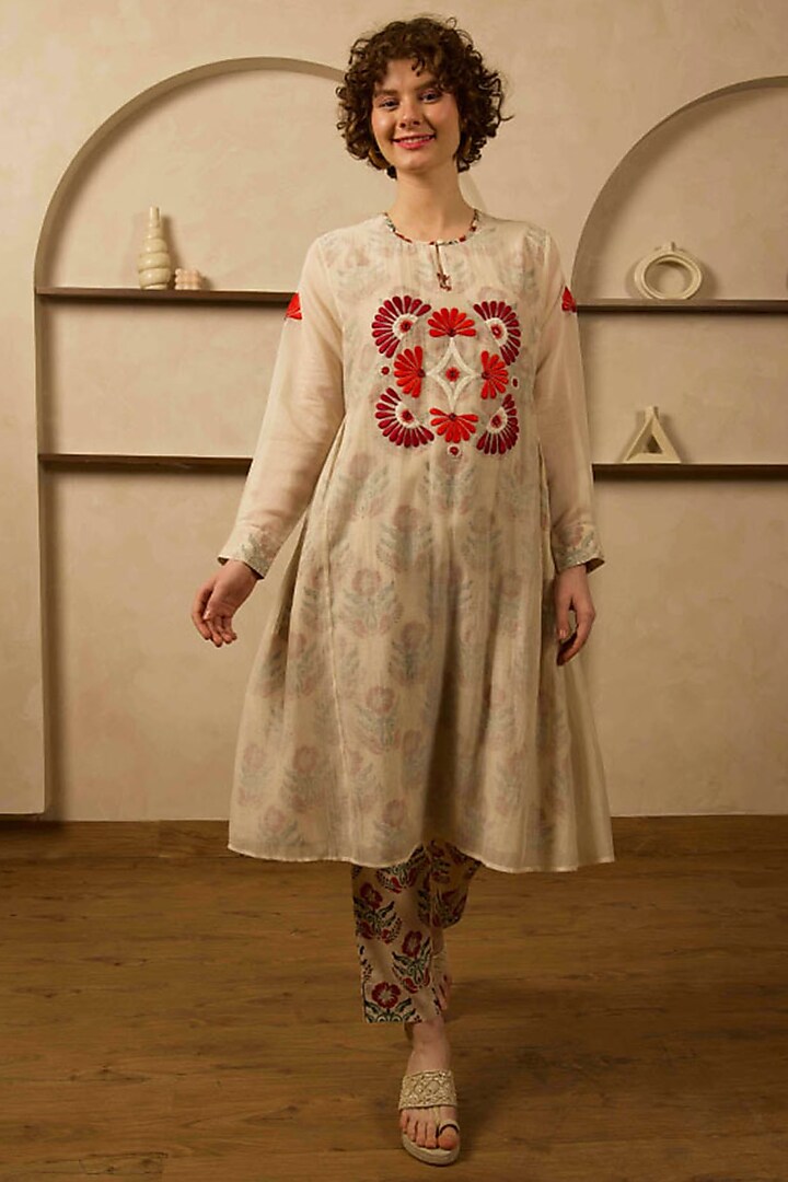 Ivory Chanderi Silk Embroidered Tunic Set by RAIMAN