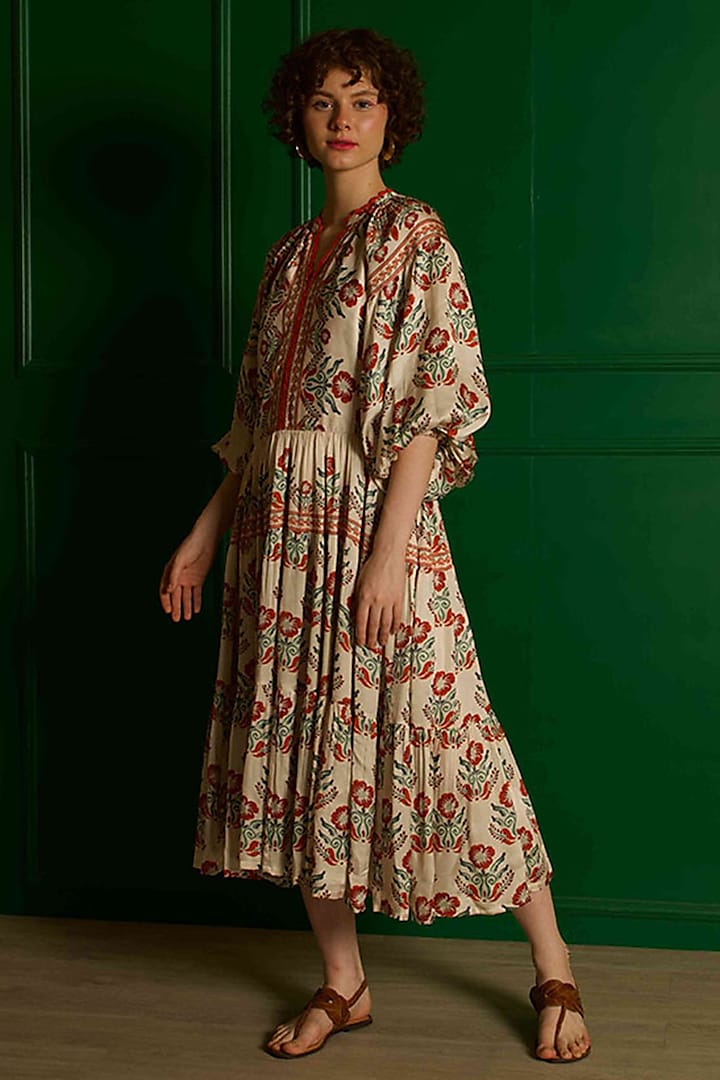 Ivory Modal Satin Printed Tiered Dress by RAIMAN