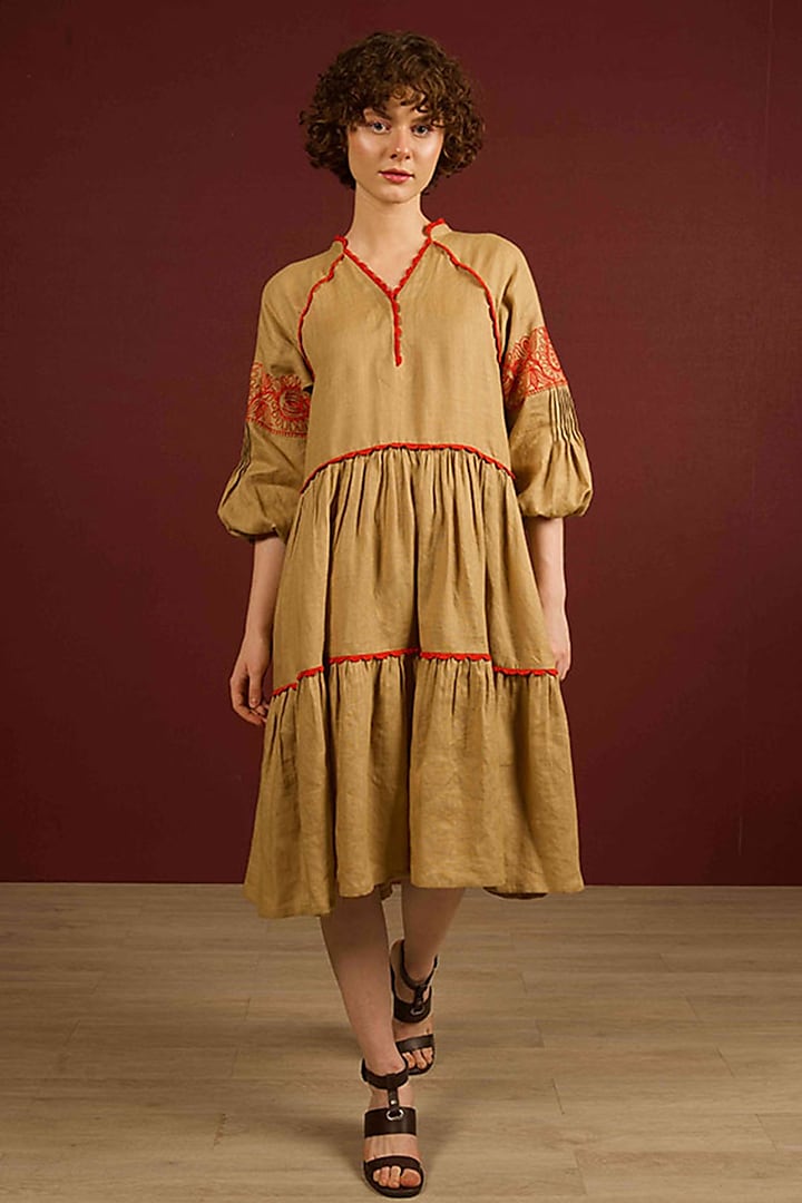 Khaki Linen Hand Embroidered Tiered Dress by RAIMAN