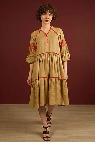 Khaki Linen Hand Embroidered Tiered Dress by RAIMAN