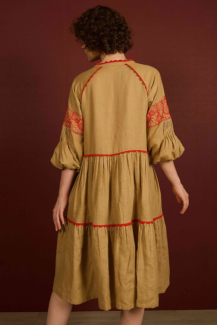 Khaki Linen Hand Embroidered Tiered Summer Dress by RAIMAN at Pernia's Pop Up Shop