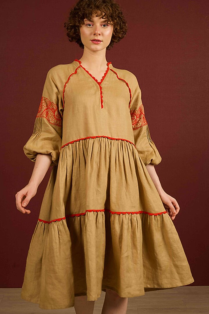 Khaki Linen Hand Embroidered Tiered Summer Dress by RAIMAN at Pernia's Pop Up Shop