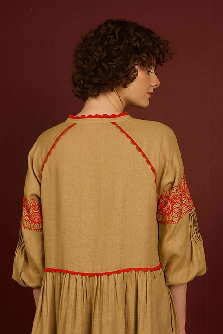 Khaki Linen Hand Embroidered Tiered Summer Dress by RAIMAN at Pernia's Pop Up Shop