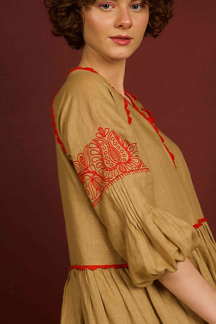 Khaki Linen Hand Embroidered Tiered Summer Dress by RAIMAN at Pernia's Pop Up Shop