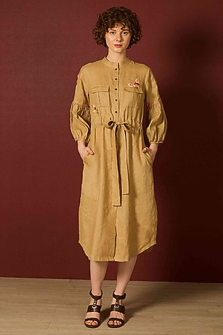 Khaki Linen Hand Embroidered Shirt Dress by RAIMAN