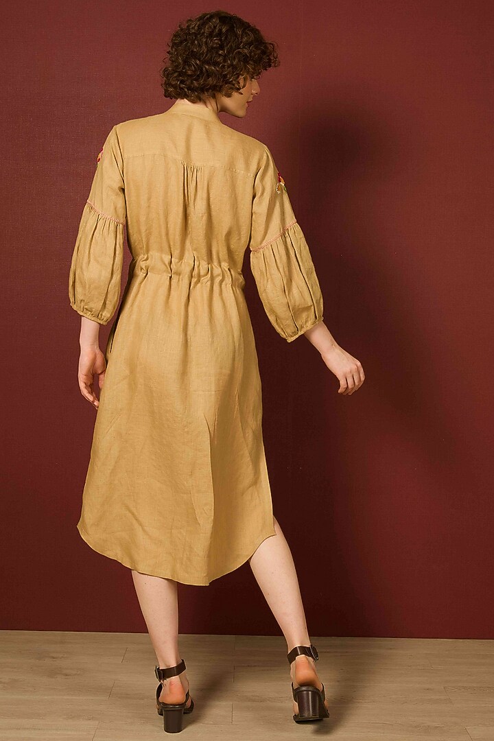 Khaki Linen Hand Embroidered Summer Shirt Dress by RAIMAN at Pernia's Pop Up Shop
