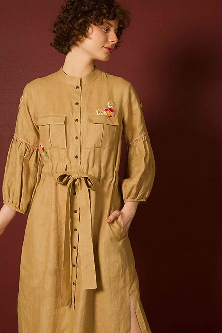 Khaki Linen Hand Embroidered Summer Shirt Dress by RAIMAN at Pernia's Pop Up Shop