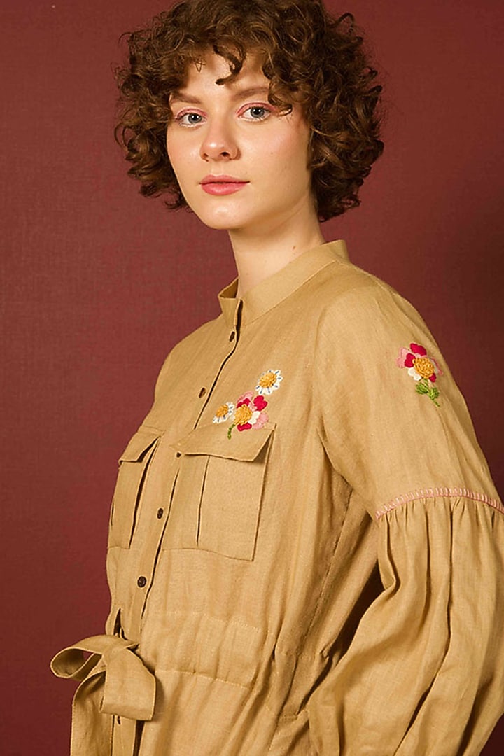 Khaki Linen Hand Embroidered Summer Shirt Dress by RAIMAN at Pernia's Pop Up Shop