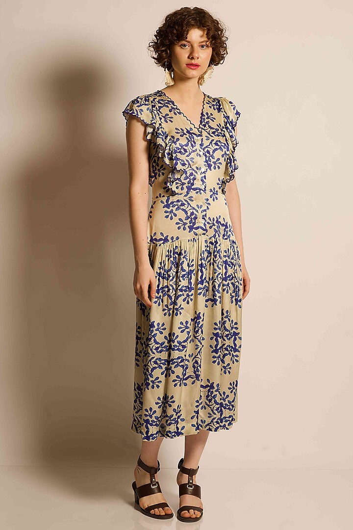 Ivory Modal Satin Printed Dress by RAIMAN