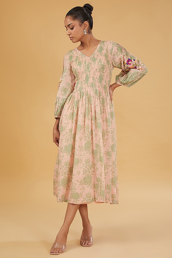 Pink Cotton Printed & Embroidered Midi Dress by RAIMAN at Pernia's Pop Up Shop