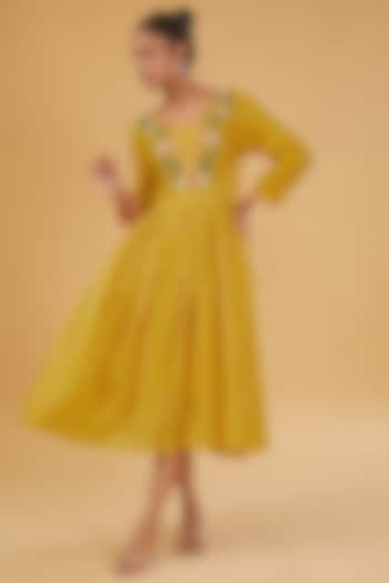 Yellow Cotton Hand Embroidered Midi Dress by RAIMAN