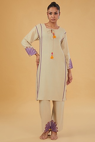 Beige Linen Cotton Patchwork Embroidered Kurta Set by RAIMAN