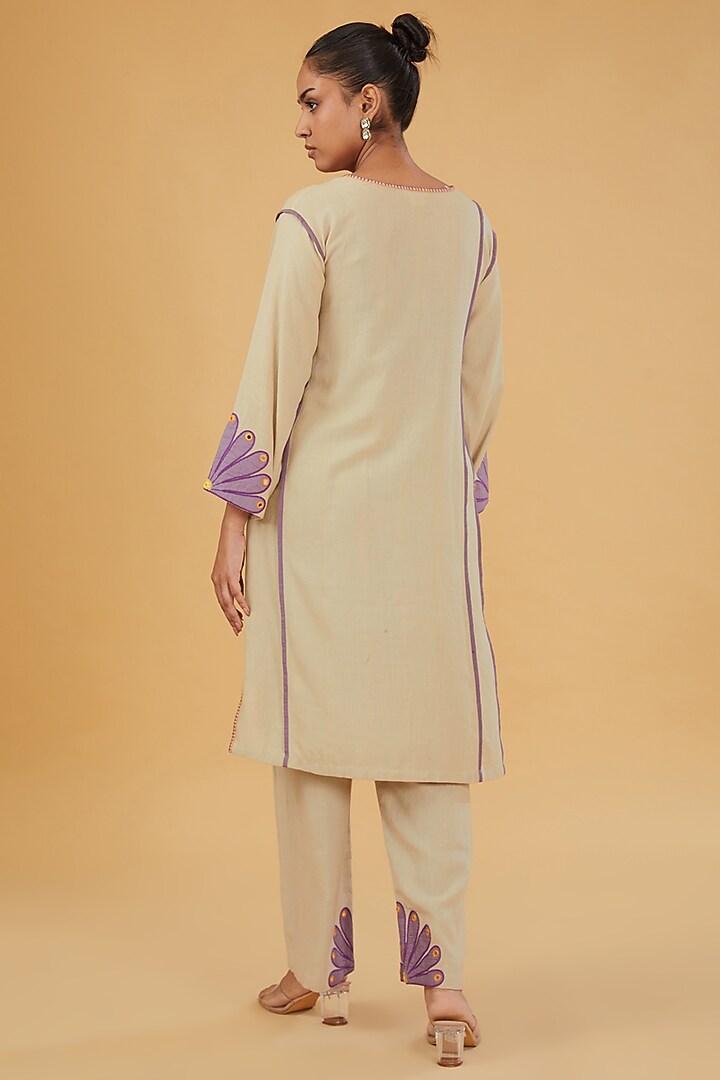 Beige Linen Cotton Patchwork Embroidered Kurta Set by RAIMAN at Pernia's Pop Up Shop