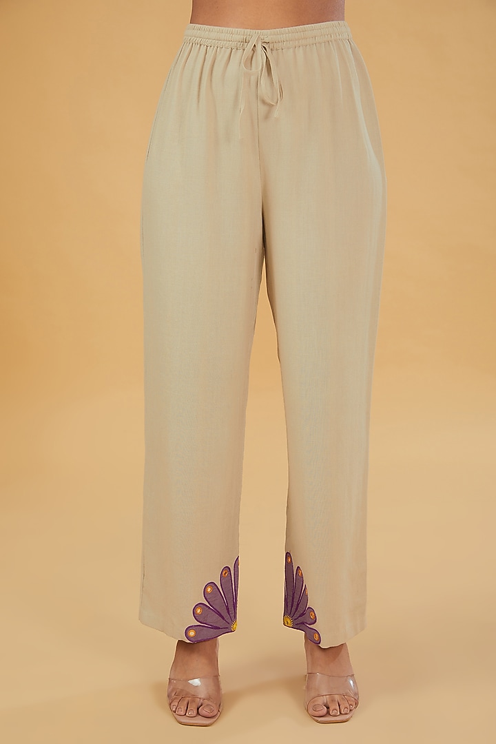 Beige Linen Cotton Patchwork Embroidered Kurta Set by RAIMAN at Pernia's Pop Up Shop