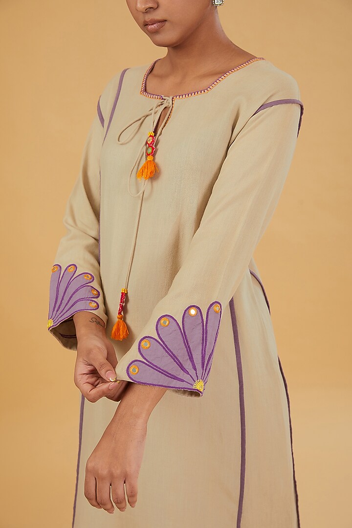 Beige Linen Cotton Patchwork Embroidered Kurta Set by RAIMAN at Pernia's Pop Up Shop