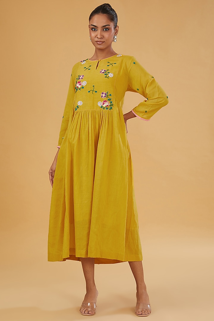 Yellow Cotton Mul Hadn Embroidered Midi Dress by RAIMAN