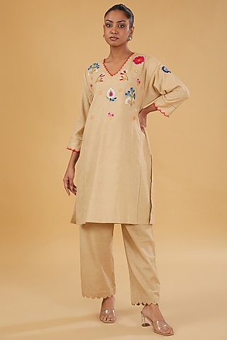 Beige Linen Cotton Floral Embroidered Kurta Set by RAIMAN
