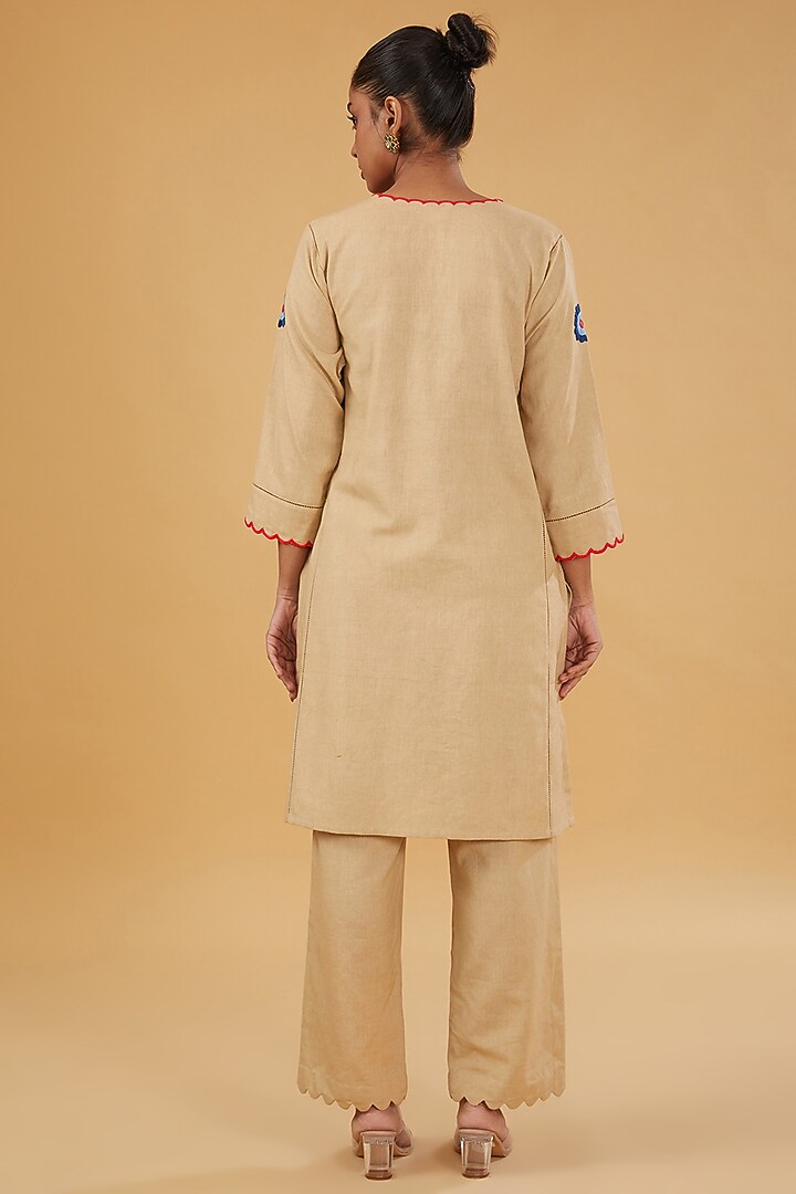 Beige Linen Cotton Floral Embroidered Kurta Set by RAIMAN at Pernia's Pop Up Shop