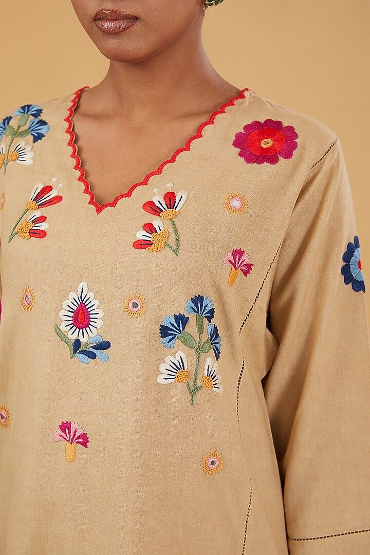 Beige Linen Cotton Floral Embroidered Kurta Set by RAIMAN at Pernia's Pop Up Shop