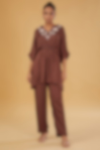Brown Modal Satin Hand Embroidered Co-Ord Set by RAIMAN at Pernia's Pop Up Shop