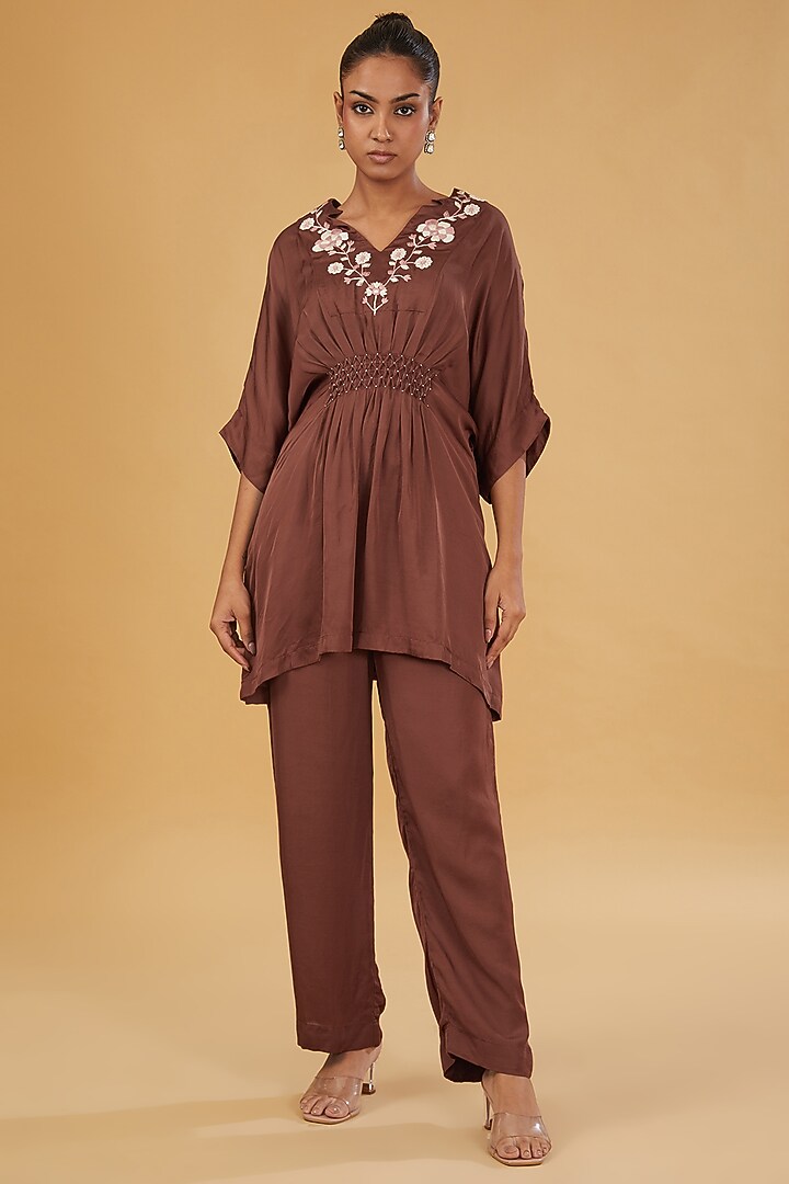 Brown Modal Satin Hand Embroidered Co-Ord Set by RAIMAN at Pernia's Pop Up Shop