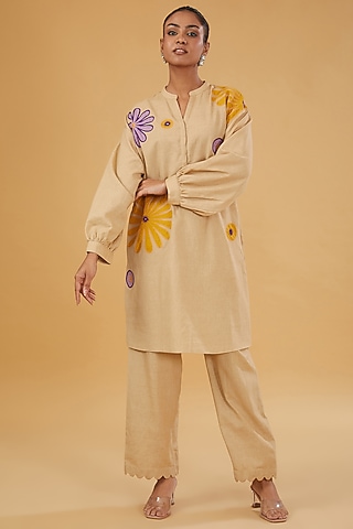 Beige Linen Cotton Floral Embroidered Kurta Set by RAIMAN