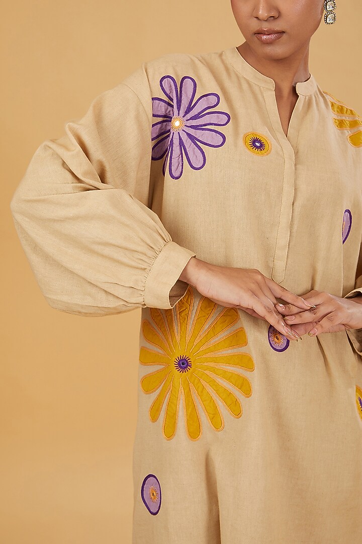 Beige Linen Cotton Floral Embroidered Kurta Set by RAIMAN at Pernia's Pop Up Shop