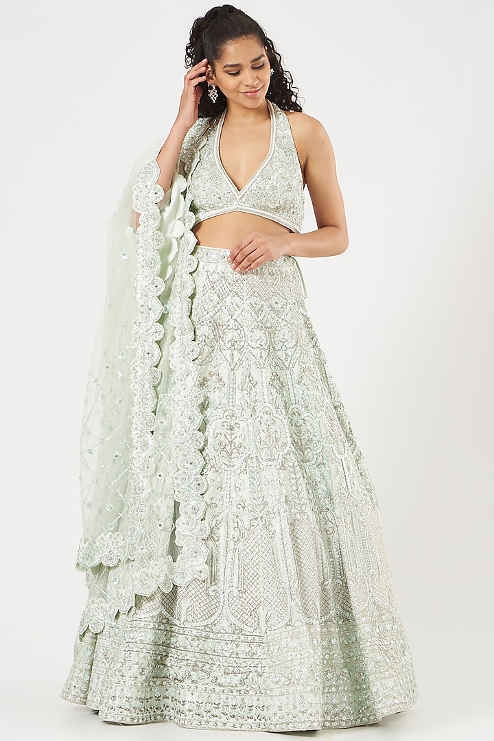 Mint Embroidered Bridal Lehenga Set by Rajbinder Chahal at Pernia's Pop Up Shop