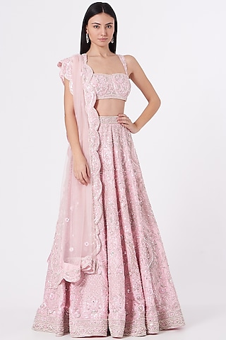 Powder Pink Hand Embroidered Lehenga Set by Rajbinder Chahal