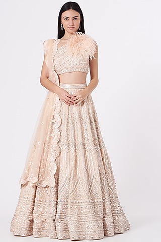 Peach Hand Embroidered Lehenga Set by Rajbinder Chahal