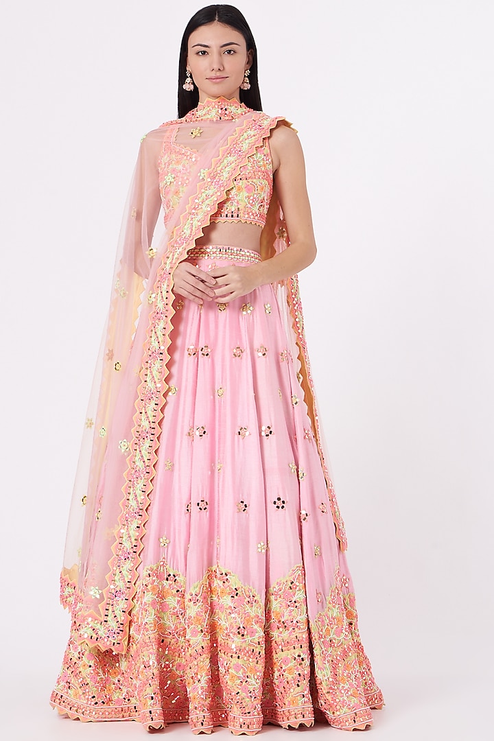 Blush Pink Embroidered Lehenga Set by Rajbinder Chahal