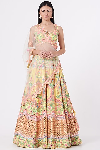 Light Yellow Embroidered Lehenga Set by Rajbinder Chahal