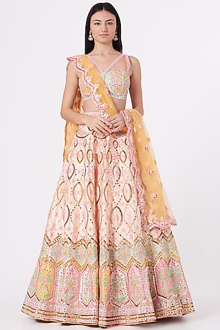 Peach Embroidered Lehenga Set by Rajbinder Chahal