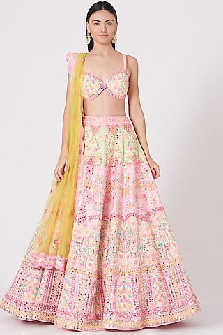 Blush Pink Thread Embroidered Lehenga Set by Rajbinder Chahal