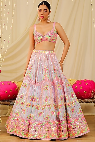 Powder Blue Embroidered Lehenga Set by Rajbinder Chaha