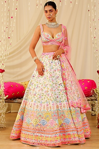 Ivory Embroidered Lehenga Set by Rajbinder Chaha