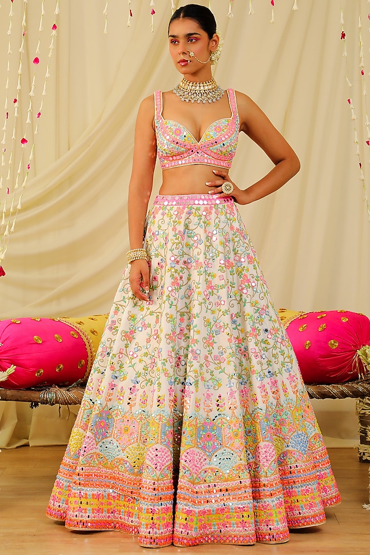 Ivory Embroidered Bridal Lehenga Set by Rajbinder Chaha at Pernia's Pop Up Shop