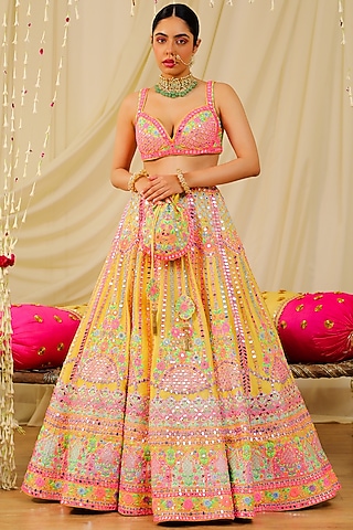Yellow Embroidered Lehenga Set by Rajbinder Chaha
