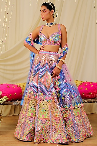 Dark Blue Embroidered Lehenga Set by Rajbinder Chaha